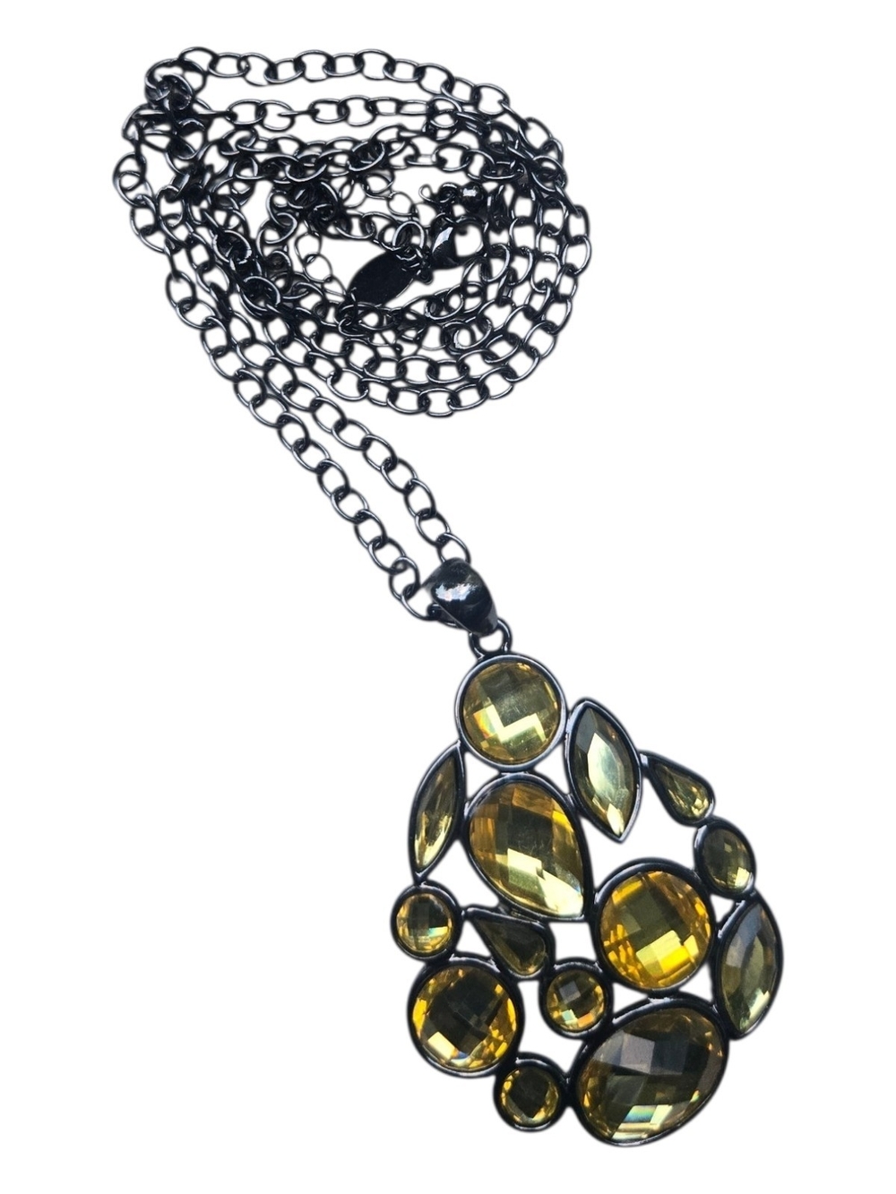 Y2K Vintage Lia Sophia Gunmetal Olive Green Faceted Statement Pendant Necklace